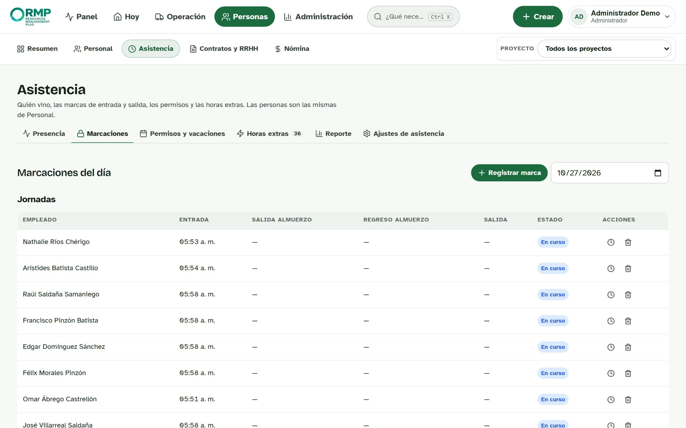 Marcaciones del día: entrada, almuerzo y salida de cada persona.