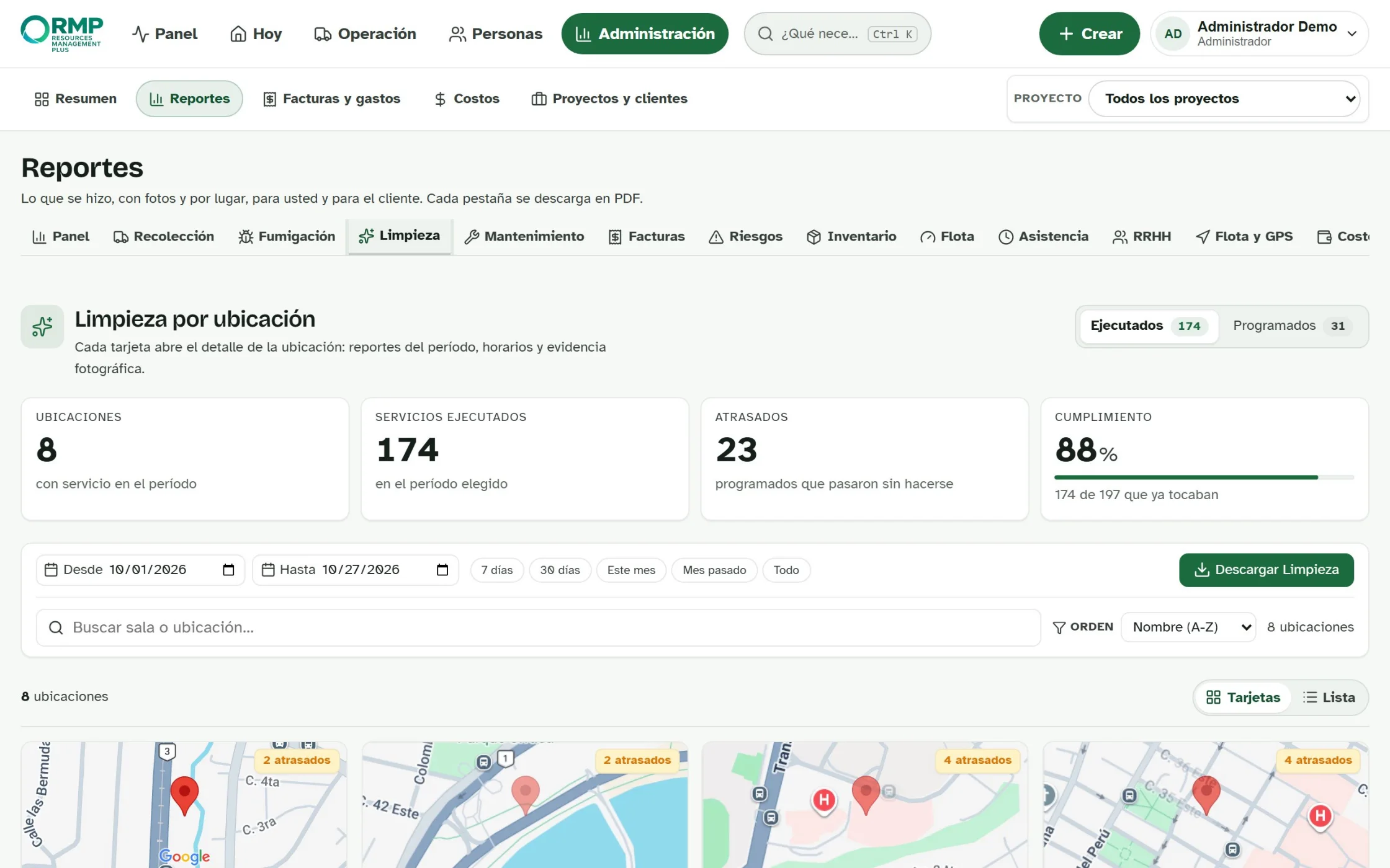 Reporte de limpieza por ubicación: ubicaciones, servicios ejecutados, atrasados y cumplimiento.