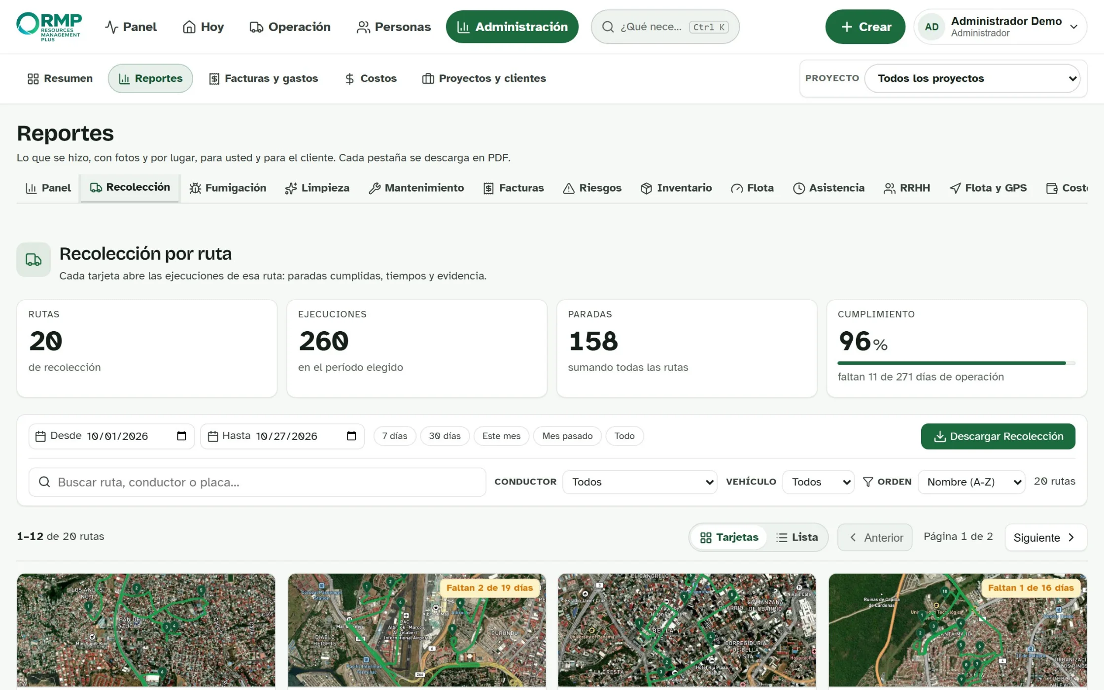 Reporte de recolección por ruta: rutas, ejecuciones, paradas, cumplimiento y el mapa de cada ruta.