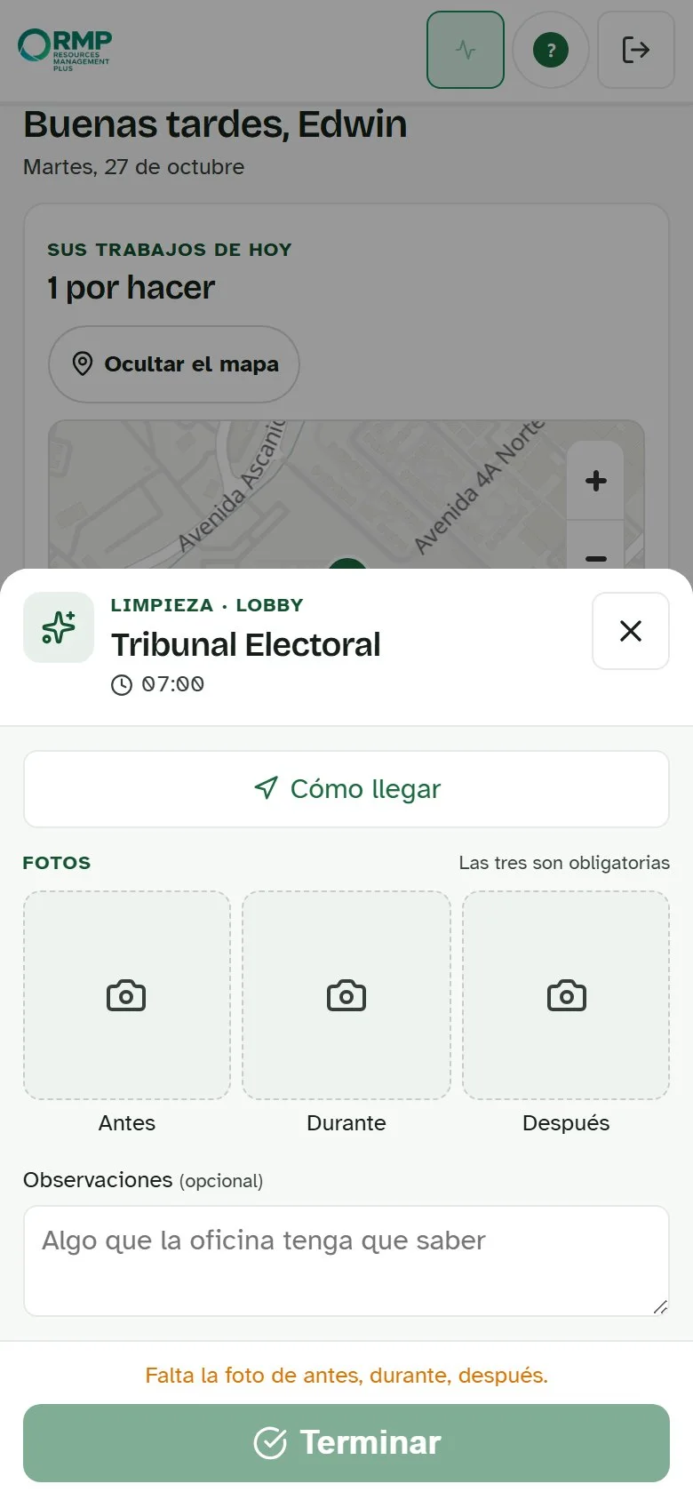 App de campo abriendo una limpieza: cómo llegar, las fotos de antes, durante y después, y observaciones.