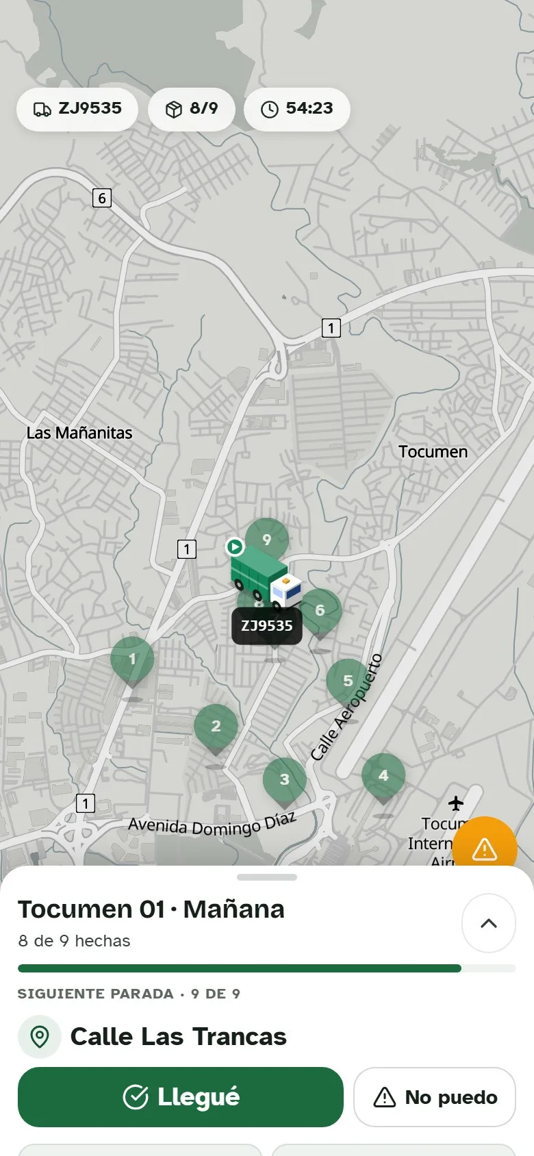 La app del conductor: su camión en el mapa y la siguiente parada con el botón Llegué.