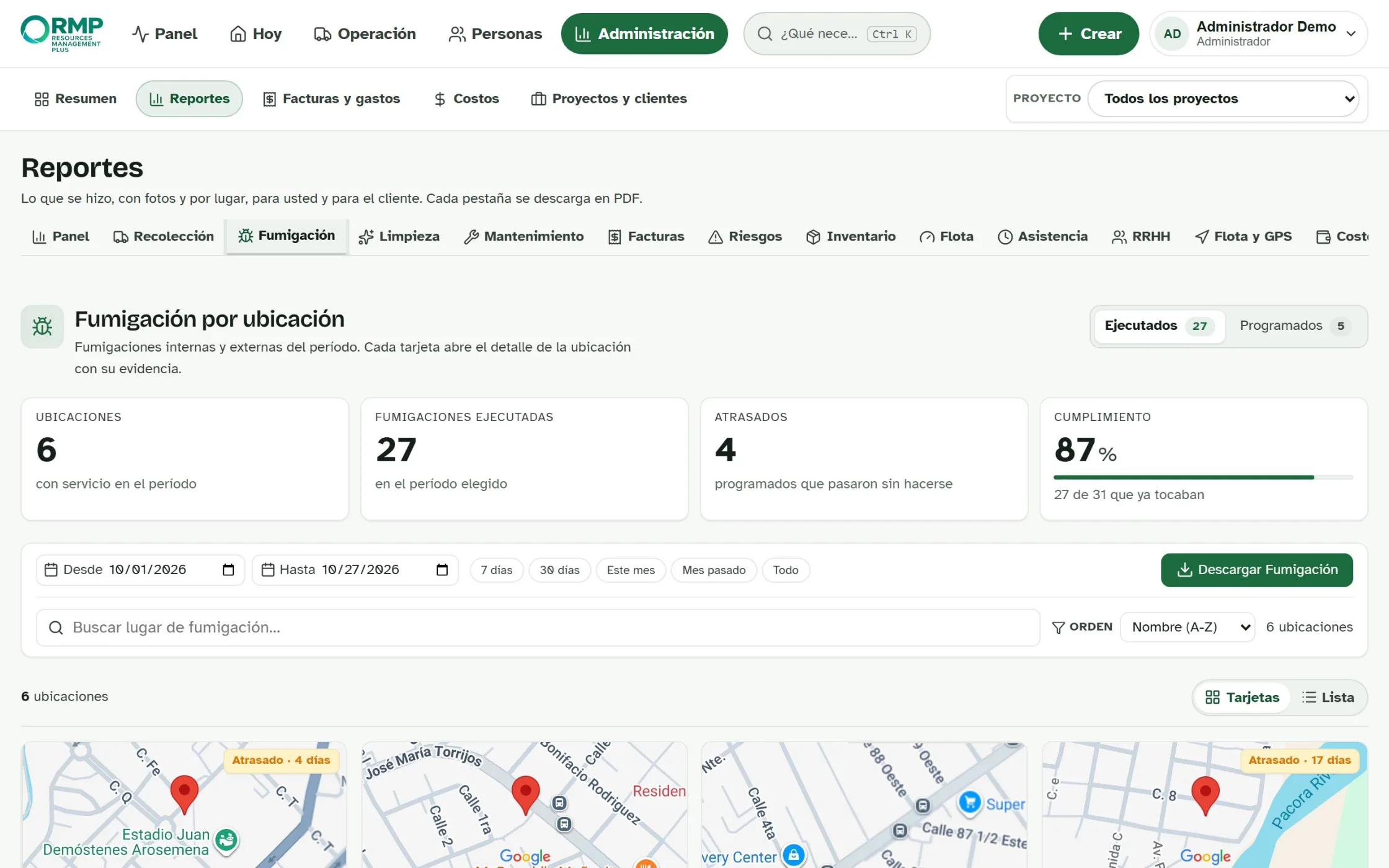Reporte de fumigación por ubicación: lugares, servicios ejecutados, atrasados, cumplimiento y el mapa de cada lugar.