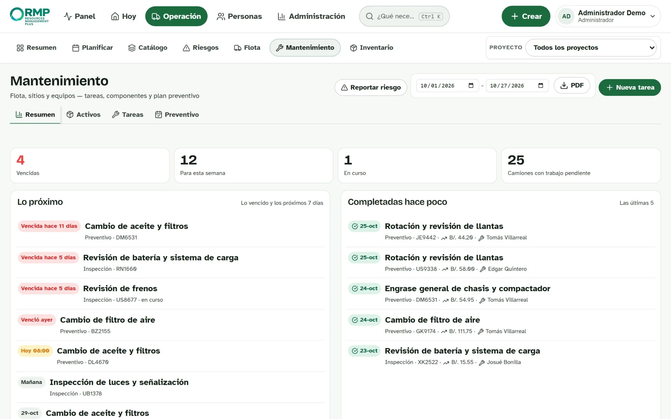 Resumen de mantenimiento: tareas vencidas, lo de esta semana, lo próximo y lo que se completó con su costo.