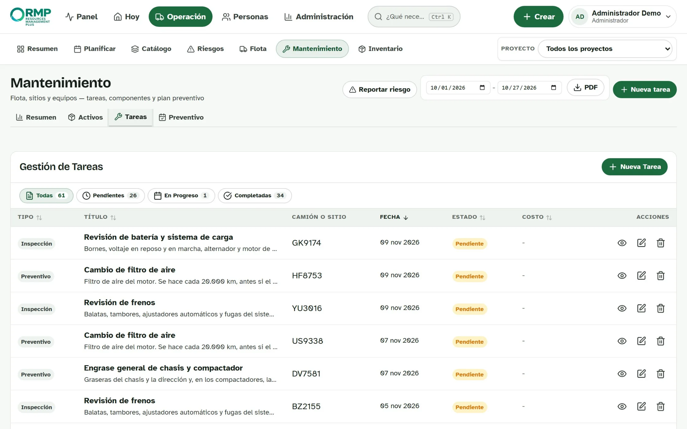 Lista de tareas de mantenimiento: tipo, camión o sitio, fecha, estado y costo.